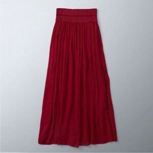 Abercrombie & Fitch | Boho Smocked Embroidered Waist Split Side Red Midi skirt